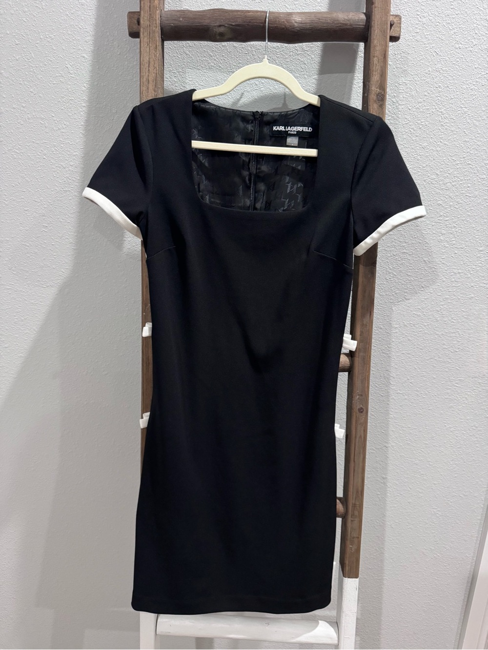 Karl Lagerfeld Black Mini Dress with White Bow Trim: Size 4